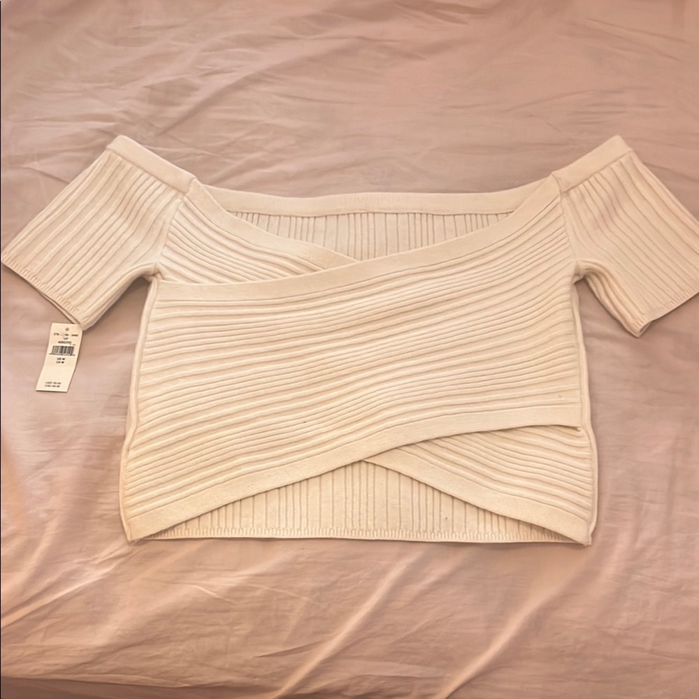 Aerie Reversible Cream Ribbed Off-Shoulder Crop Top